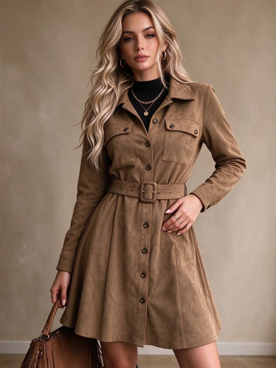SHEIN A Stylish And Casual Long-Sleeved Suede Shirt Dress With A Belt, Suitable For Daily Commuting And Streetwear In Fall And . Office Brown - Brown - View 1