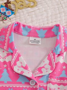 SHEIN 女童紫色深色貓咪印花可愛甜美開襟簡約長袖居家服套裝，柔軟舒適面料，女童完美禮物 - 紫色 - 查看 1