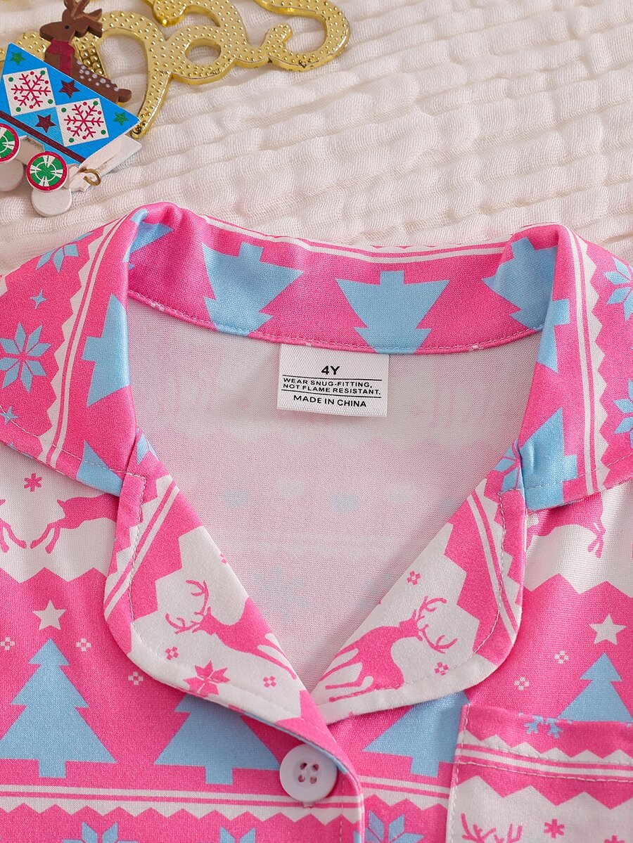 SHEIN 女童紫色深色貓咪印花可愛甜美開襟簡約長袖居家服套裝,柔軟舒適面料,女童完美禮物 - 紫色 - 查看 1