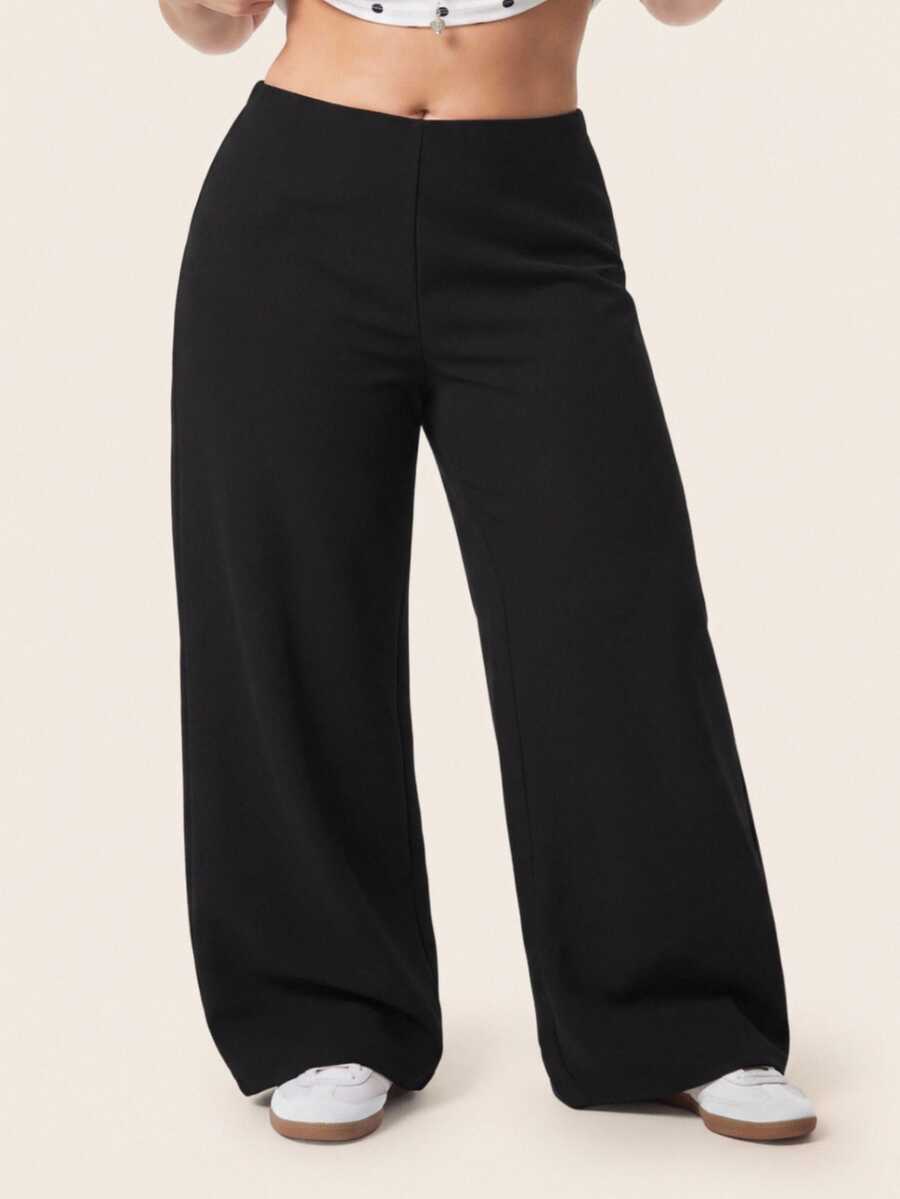 Comfortcana Quần ống rộng màu đen trơn size lớn phong cách công sở lịch sự, thanh lịch, casual cho mùa thu - màu đen - Xem 1