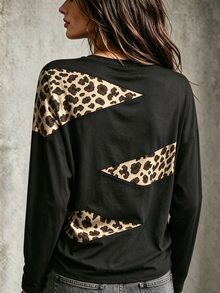 SHEIN LUNE Kaos Wanita Lengan Panjang Kerah Bulat dengan Motif Retak, Kaos Halloween Musim Gugur - Hitam - View 2