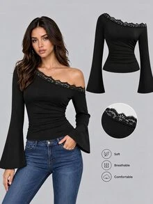 Sweetra تي شيرت خريف/شتاء جديد بمقاس كبير، كتف غير متماثل، رقعة دانتيل، خصر مجعد، أكمام طويلة - الأسود - مشاهدة 1