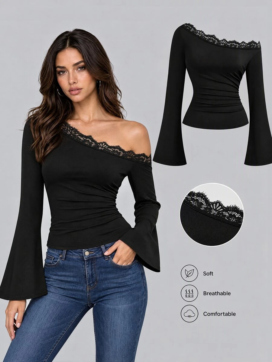 Sweetra تي شيرت خريف/شتاء جديد بمقاس كبير، كتف غير متماثل، رقعة دانتيل، خصر مجعد، أكمام طويلة - الأسود - مشاهدة 1