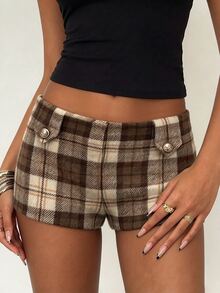 Avenya Women's Low-Rise Plaid Print Button Detail Micro Shorts - Multicolor - View 3
