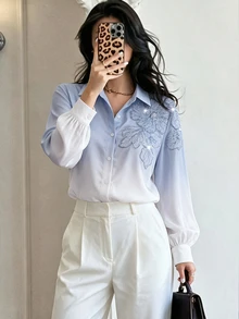 Seusyu Women's Autumn/Winter Gradient Color Collared Long Sleeve Blouse With Heavy Beaded Floral Embroidery, Loose Fit, Dropped Shoulder Lantern Sleeves - Multicolor - View 1