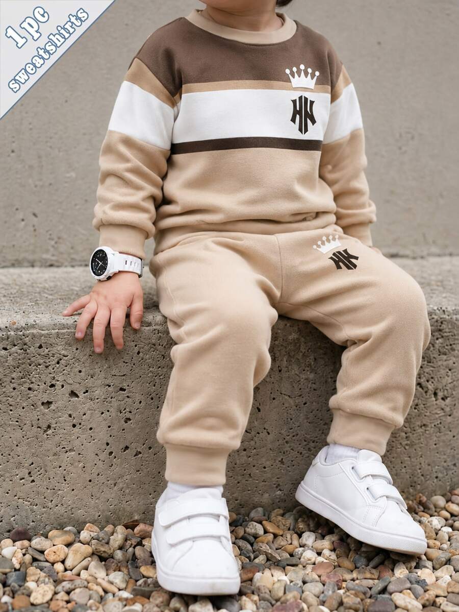 1pc Baby Crown NY Letter Print Fleece Crew Neck Sweatshirt, Colorblock Striped Design, Sports Outdoor Casual, Suitable For Autumn/Winter - Multicolor - View 1