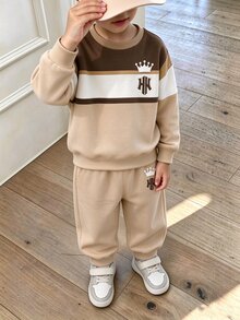 幼兒寶寶藍色皇冠 NY 字母印花抓絨圓領運動衫，拼色條紋設計，運動戶外休閒，秋冬生日穿搭 - 彩色 - 查看 4