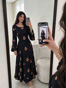 Yasmyna Women Fall Winter Elegant Black Round Neck Colorful Floral Heavy Embroidery Flare Ruffle Long Sleeve Abaya Dress Ruffle Hem For Daily Party - Multicolor - View 5