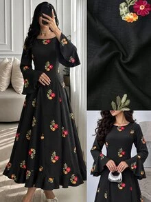 Yasmyna Women Fall Winter Elegant Black Round Neck Colorful Floral Heavy Embroidery Flare Ruffle Long Sleeve Abaya Dress Ruffle Hem For Daily Party - Multicolor - View 4