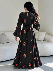 Yasmyna Women Fall Winter Elegant Black Round Neck Colorful Floral Heavy Embroidery Flare Ruffle Long Sleeve Abaya Dress Ruffle Hem For Daily Party - Multicolor - View 3