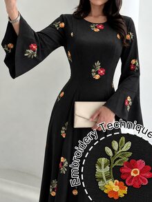 Yasmyna Women Fall Winter Elegant Black Round Neck Colorful Floral Heavy Embroidery Flare Ruffle Long Sleeve Abaya Dress Ruffle Hem For Daily Party - Multicolor - View 7