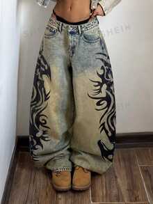 Jeanoix Petite Petite Low Waist Vintage Print Washed Y2K Denim Curved Leg Pants - Dark Wash - View 3
