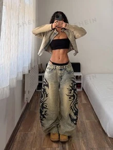 Jeanoix Petite Petite Low Waist Vintage Print Washed Y2K Denim Curved Leg Pants - Dark Wash - View 6