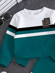 Baby Boys Spring/Autumn Color Block Striped Crew Neck Sweatshirt Long Pants 2 Pieces Set, Fashion Band Oversized School Club Emerald Green - Multicolor - View 4