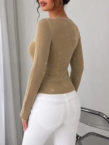 Selianne Champagne Sparkly Glitter Knit Sweater, V‑Neck Long Sleeve Gold Thread Pullover Top For Women Office Dating Daily Wear - Champagne - View 2