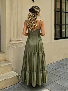 Cévolie Women's Spaghetti Strap Green Striped Print Decorative Buckle Full Skirt Dress Vacation Picnic Summer Casual - Green - View 2