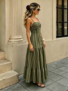 Cévolie Women's Spaghetti Strap Green Striped Print Decorative Buckle Full Skirt Dress Vacation Picnic Summer Casual - Green - View 4
