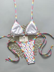 SHEIN Swim 2026 Spring/Summer Cute & Sexy Colorful Striped & Polka Dot Bikini Swimwear, Slimming Design For Beach Vacation - Multicolor - View 2