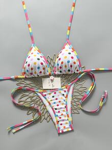 SHEIN Swim 2026 Spring/Summer Cute & Sexy Colorful Striped & Polka Dot Bikini Swimwear, Slimming Design For Beach Vacation - Multicolor - View 3