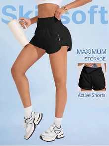 SHEIN Sports Active Women's Black Mini Workout Shorts With Functional Pocket And Flexible Fit High Waist Gym Shorts - Black - View 3