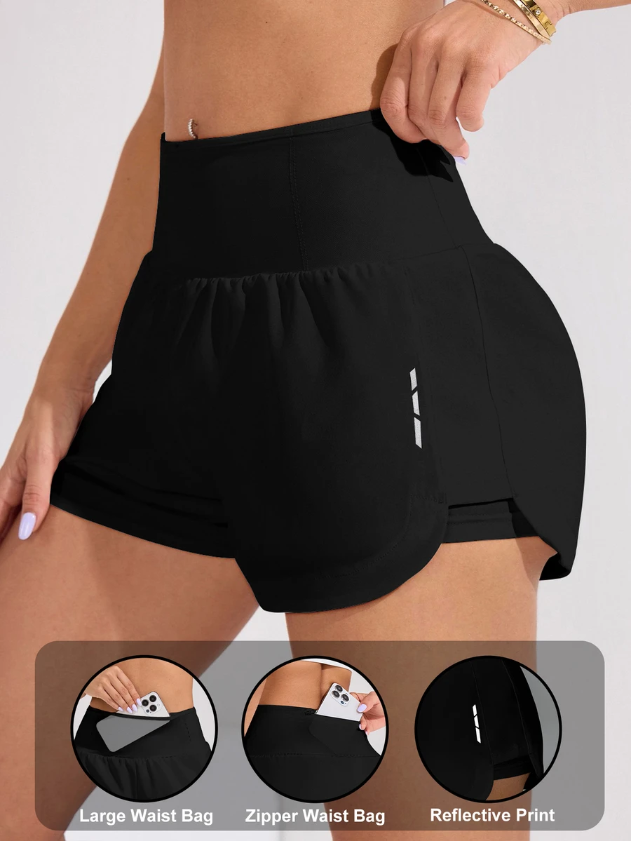 SHEIN Sports Active Women's Black Mini Workout Shorts With Functional Pocket And Flexible Fit High Waist Gym Shorts - Black - View 1
