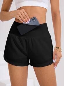SHEIN Sports Active Women's Black Mini Workout Shorts With Functional Pocket And Flexible Fit High Waist Gym Shorts - Black - View 5