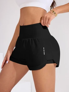 SHEIN Sports Active Women's Black Mini Workout Shorts With Functional Pocket And Flexible Fit High Waist Gym Shorts - Black - View 4