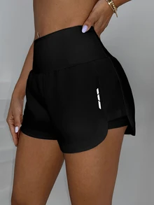 SHEIN Sports Active Women's Black Mini Workout Shorts With Functional Pocket And Flexible Fit High Waist Gym Shorts - Black - View 7