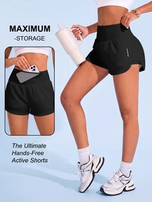 SHEIN Sports Active Women's Black Mini Workout Shorts With Functional Pocket And Flexible Fit High Waist Gym Shorts - Black - View 8