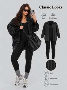 Sweetra CURVE 2-Piece Set: Plus Size Button Collar Striped Shirt And Jumpsuit, Suitable For All Four Seasons - Black and White - View 1