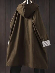 Linhara 女款大尺碼拼接條紋袖口連帽休閒夾克，百搭高級感，秋季款 - 棕色 - 查看 2