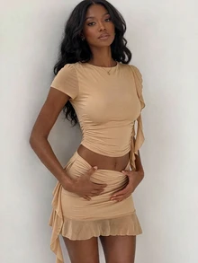 Glamine Camel Mesh Two Pieces Outfit, Ruffle Short Sleeve Ruched Cropped Top And Ruffled Mini Skirt, Sexy Fitted Summer Set For Night Out Going Out, Club - Khaki - View 3