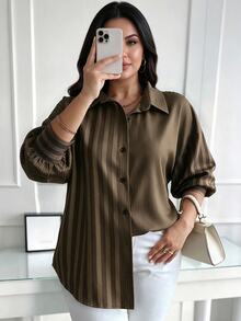 Elenzga Plus Size Women's Striped Patchwork Blouse, Elegant And Exquisite For Autumn/Winter And All Seasons, Suitable For Commuting And Daily Wear - Multicolor - View 1
