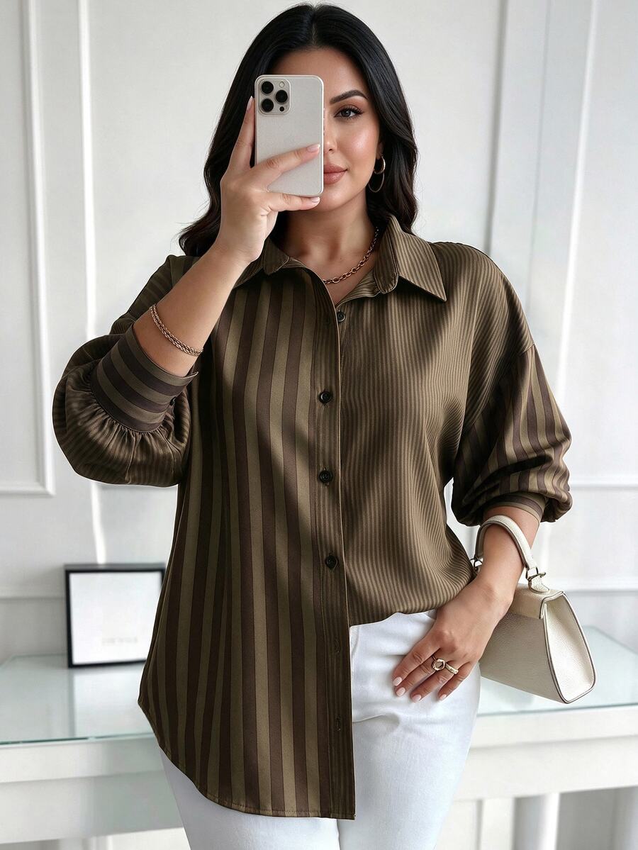 Elenzga Plus Size Women's Striped Patchwork Blouse, Elegant And Exquisite For Autumn/Winter And All Seasons, Suitable For Commuting And Daily Wear - Multicolor - View 1