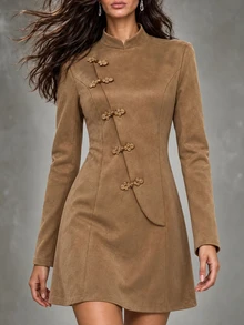 LUMIGAL Women's New Chinese Style Frog Button Suede Velvet Waist-Cinching Dress - Camel - View 4