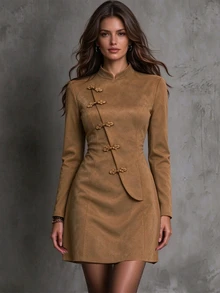LUMIGAL Women's New Chinese Style Frog Button Suede Velvet Waist-Cinching Dress - Camel - View 3