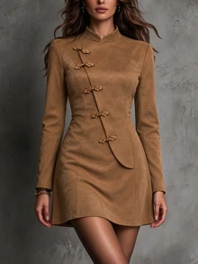 LUMIGAL Women's New Chinese Style Frog Button Suede Velvet Waist-Cinching Dress - Camel - View 1