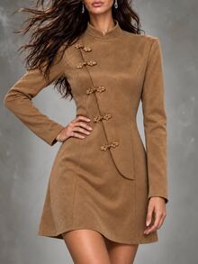 LUMIGAL Women's New Chinese Style Frog Button Suede Velvet Waist-Cinching Dress - Camel - View 5