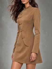 LUMIGAL Women's New Chinese Style Frog Button Suede Velvet Waist-Cinching Dress - Camel - View 6