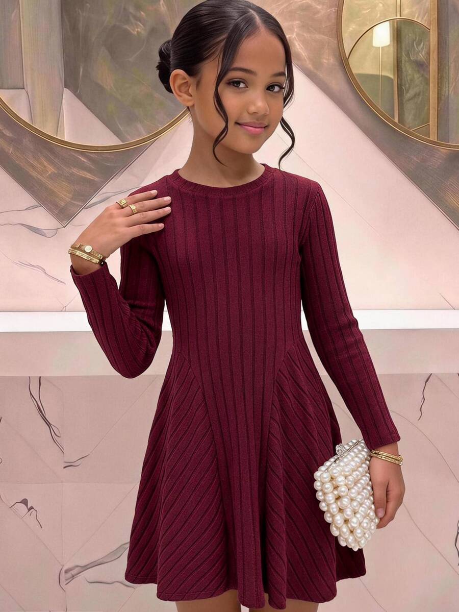 SHEIN Tween Girls Dresses Solid Kids Color Round Neck Ribbed Casual Short Long Sleeve Mini Dress/Burgundy,New Years - Burgundy - View 1