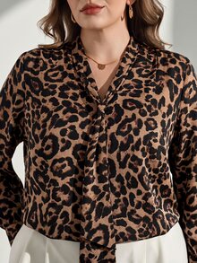 Chikora Plus Size Elegant Tie-Front Long Sleeve Blouse, Green Shirt, Suitable For Office, Daily, Workplace Wear Fall - Brown - View 3