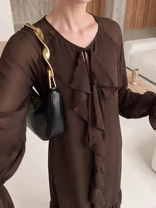 Rue Lumi Women's Solid Color Patchwork Ruffle Elegant Mid-Length Chiffon Dress Dinner Office Dark Brown Fall - Brown - View 6