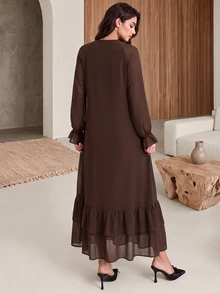 Rue Lumi Women's Solid Color Patchwork Ruffle Elegant Mid-Length Chiffon Dress Dinner Office Dark Brown Fall - Brown - View 2
