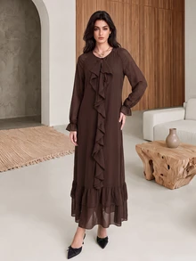 Rue Lumi Women's Solid Color Patchwork Ruffle Elegant Mid-Length Chiffon Dress Dinner Office Dark Brown Fall - Brown - View 7