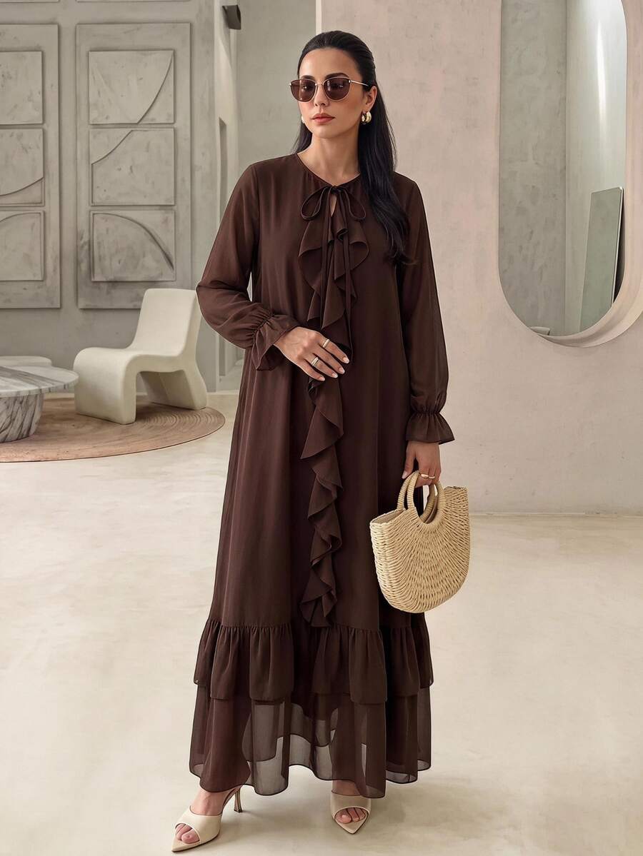 Rue Lumi Women's Solid Color Patchwork Ruffle Elegant Mid-Length Chiffon Dress Dinner Office Dark Brown Fall - Brown - View 1