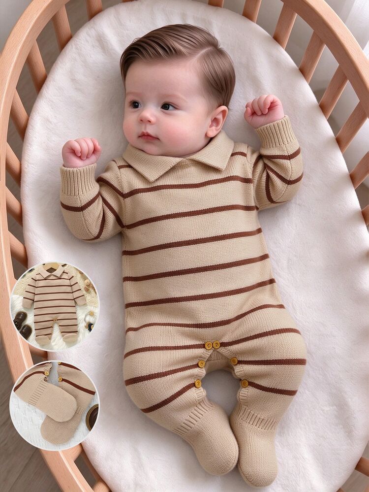 SHEIN Newborn Beige Collared Knit Footed Romper, Vintage Contrast Color Horizontal Long Sleeve Sweater Bodysuit, Unisex Baby 100 Days Photo Outfit, Autumn - Coffee Brown - View 8