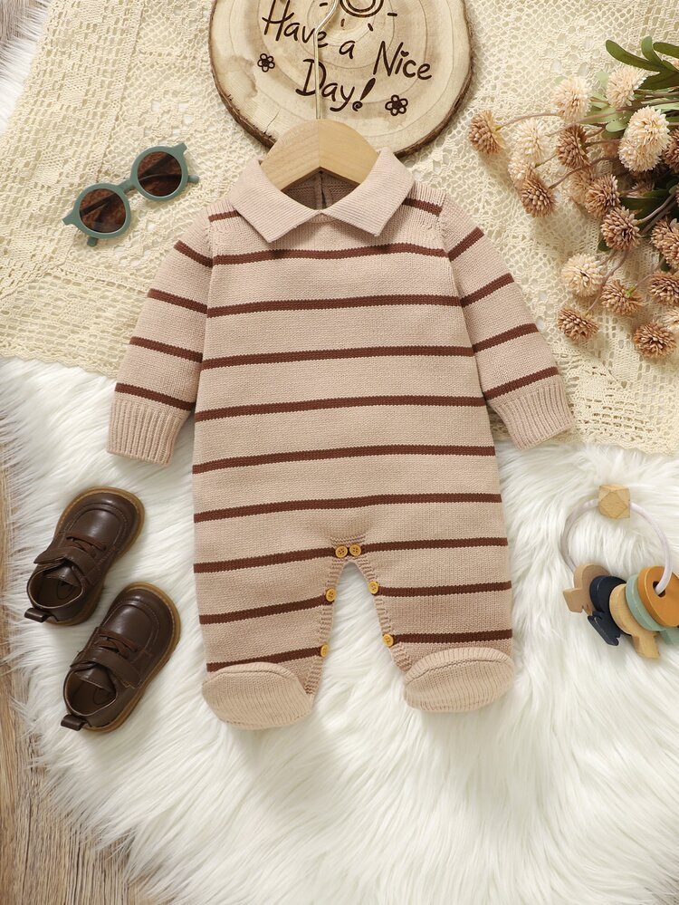 SHEIN Newborn Beige Collared Knit Footed Romper, Vintage Contrast Color Horizontal Long Sleeve Sweater Bodysuit, Unisex Baby 100 Days Photo Outfit, Autumn - Coffee Brown - View 7