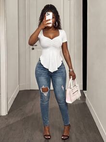 BamGleam Foxxy Minimalist Solid Color Casual Square Neck Asymmetric Hem Long Sleeve T-Shirt For Women - White - View 7