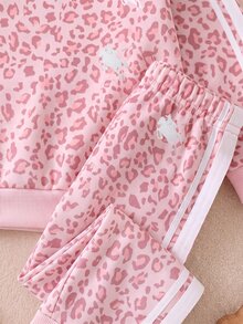 SHEIN Newborn Cute Casual Leopard Print Pink Sweatshirt & Pants Set - Pink - View 5