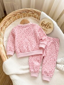 SHEIN Newborn Cute Casual Leopard Print Pink Sweatshirt & Pants Set - Pink - View 3